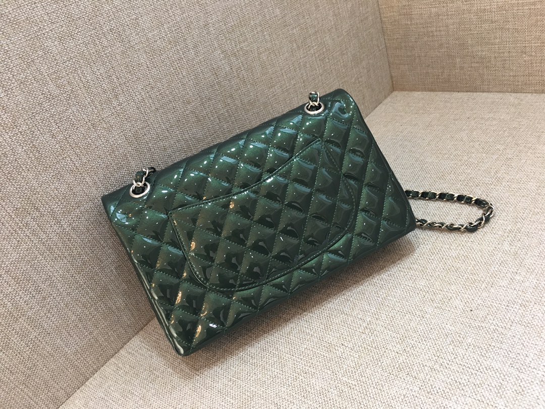 Medium Classic Flap Patent Leather Bag AO1112 Green/Silver